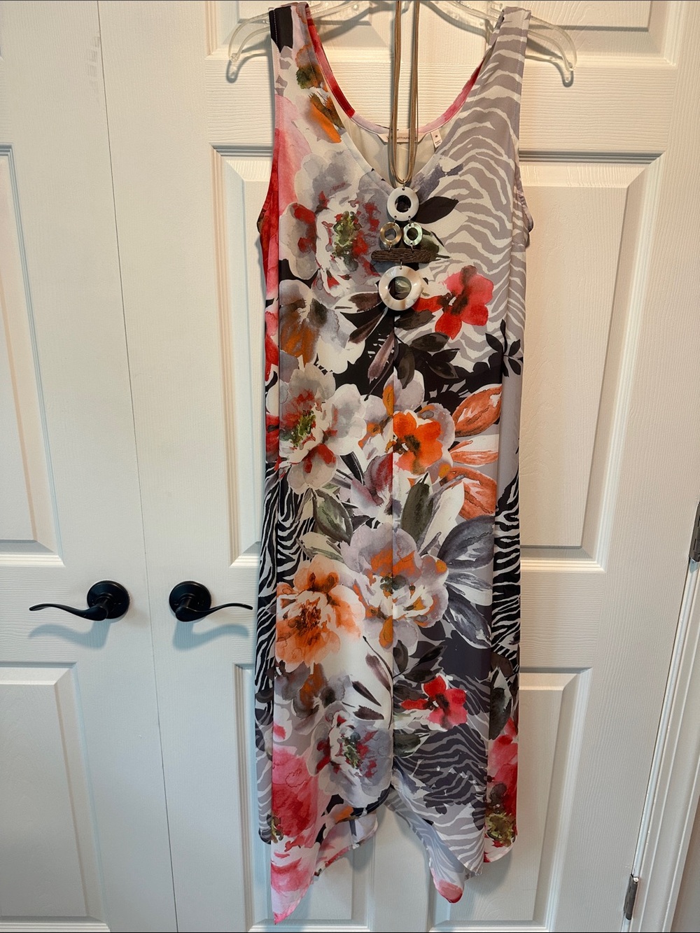Sleeveless Floral  Dress in Coral and Gray